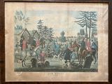 painting of a group of people on horses and dogs in front of a building
