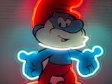 une enseigne au néon rouge et bleue sur laquelle figure un personnage de dessin animé
