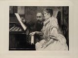 a black and white drawing of a man and a woman playing a piano
