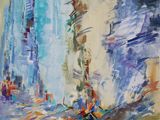 une peinture à l'huile d'un paysage urbain avec des bâtiments à l'arrière-plan