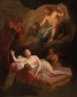an image of a painting of a woman laying on a bed in a cave