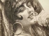 drawing of a woman in a headdress smoking a cigarette
