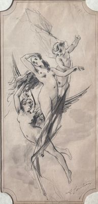 an old drawing of a woman and a child in a bathrobe