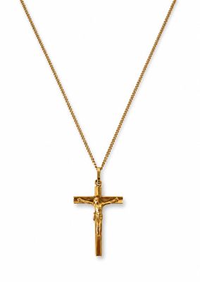 a gold cross pendant with a chain on a white background