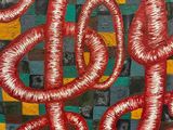 une peinture représentant un serpent rouge sur un mur à carreaux verts et jaunes