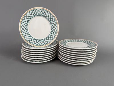 a set of six plates with blue and white designs on them