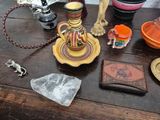 a wooden table with various items on it