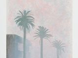 tableau représentant trois palmiers devant un ciel rose