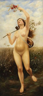une image représentant un tableau d'une femme nue tenant une fleur