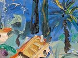 an image of a painting of a beach scene with palm trees and boats