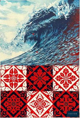 a painting of a wave in the middle of a red and white pattern