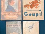 four children ' s books with pictures of animals on them on a blue surface