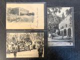 three old black and white photos of people in front of a building