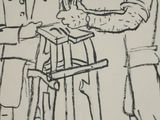 drawing of two men working on a piece of wood in a workshop