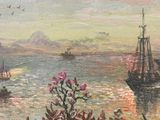 an oil painting of a woman sitting on a beach next to a body of water