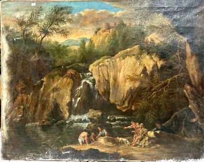 an oil painting of a waterfall with people and animals in it