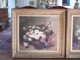 two paintings of flowers in a vase on a table