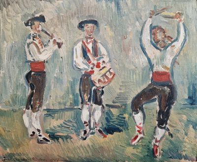 painting of three men playing instruments in a field of grass