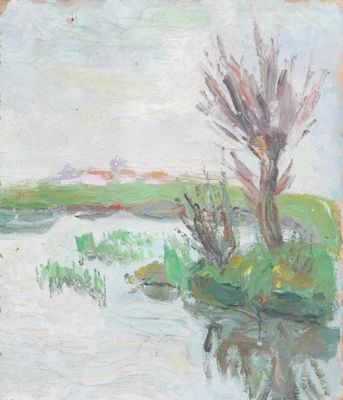 an image of a painting of a river with a tree in the foreground