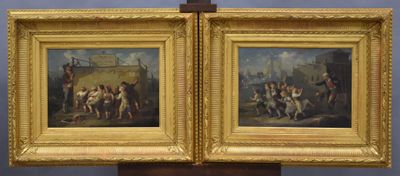 two paintings of a man and a woman with a dog on a leash
