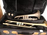 a black suitcase with a trumpet inside of it