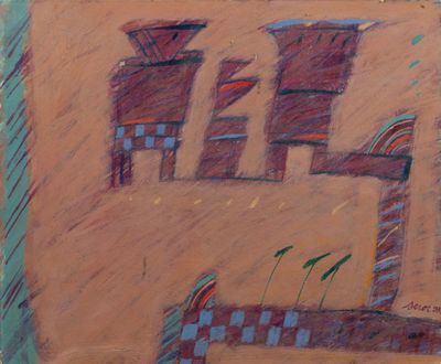 une peinture représentant une peinture d'un bâtiment sur lequel figure une horloge