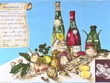 a drawing of a bottle of wine on a table with fruit and vegetables