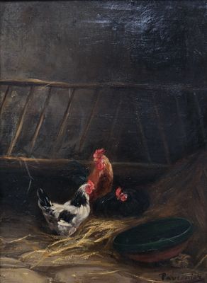 une peinture à l'huile représentant des poulets dans une grange, avec du foin par terre