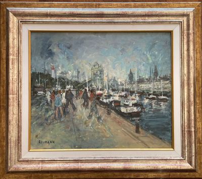 une peinture à l'huile représentant des personnes marchant sur une jetée près de bateaux