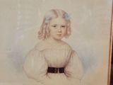 painting of a young girl in a white dress with a blue bow