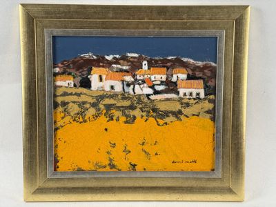 an image of a painting of a small village in the mountains