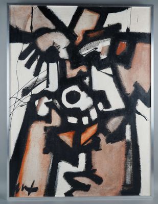 an image of a painting with black and orange paint on a white background