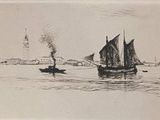 un dessin en noir et blanc d'un bateau dans l'eau