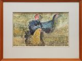 a picture of a painting of two turkeys in a field