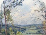 une image d'un tableau représentant un paysage avec des arbres au premier plan