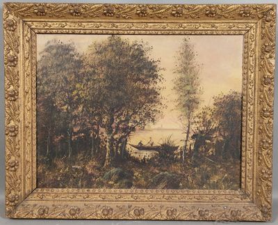 un tableau représentant un paysage avec des arbres et une rivière en arrière-plan