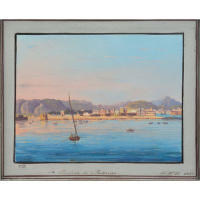 une peinture à l'huile représentant un voilier sur l'eau, près d'une plage