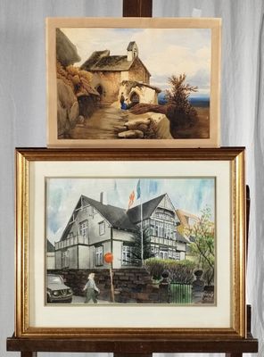 deux tableaux représentant une maison et un chien sont posés sur un support