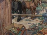 a painting of two horses pulling a cart of apples