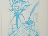 blue ink drawing of flowers in a vase on a table