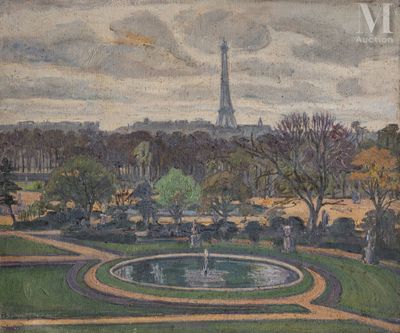 painting of a view of the eiffel tower from the top of a hill