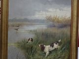 a painting of two dogs in a field by the water