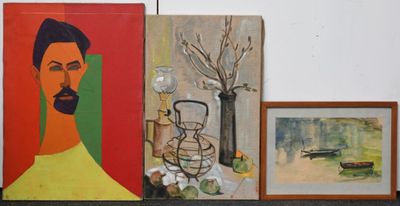 a painting of a man with a beard on a shelf next to a painting of a man
