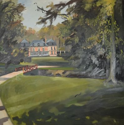 un tableau représentant une maison au milieu d'un parc
