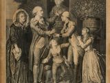 an old picture of a family gathering in a room