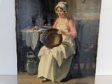 un vieux tableau représentant une femme assise sur une chaise, un chapeau sur la tête