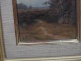 a picture of a painting of a dirt road in a field