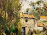 an oil painting of a country road with a house in the distance