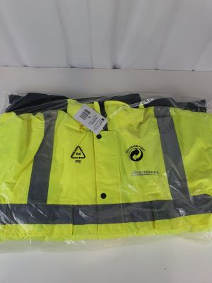 a yellow jacket with a black and white logo on it