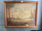 une peinture à l'huile représentant un paysage avec une rivière au premier plan et une maison au loin